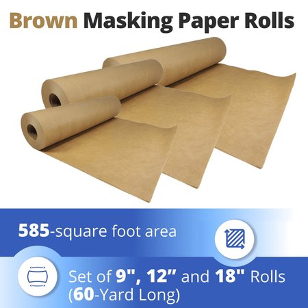 Idl Packaging Masking Paper Set of 9, 12 and 18 Brown Masking Paper Rolls 60-Yard Long to Cover Area GPH-9,12,18